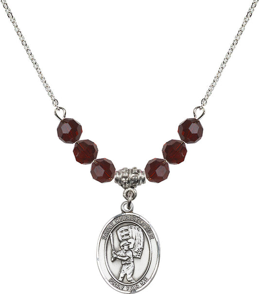 Sterling Silver Saint Christopher/Baseball Birthstone Necklace with Garnet Beads - 8500