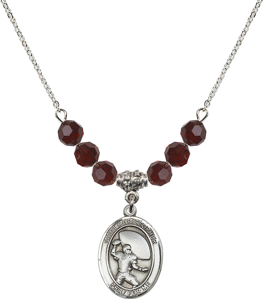 Sterling Silver Saint Christopher / Football Birthstone Necklace with Garnet Beads - 8501