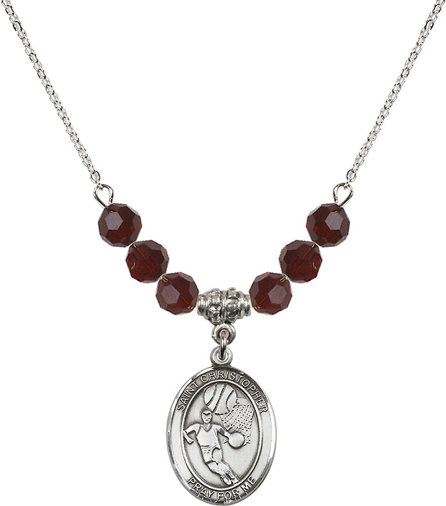 Sterling Silver Saint Christopher/Basketball Birthstone Necklace with Garnet Beads - 8502