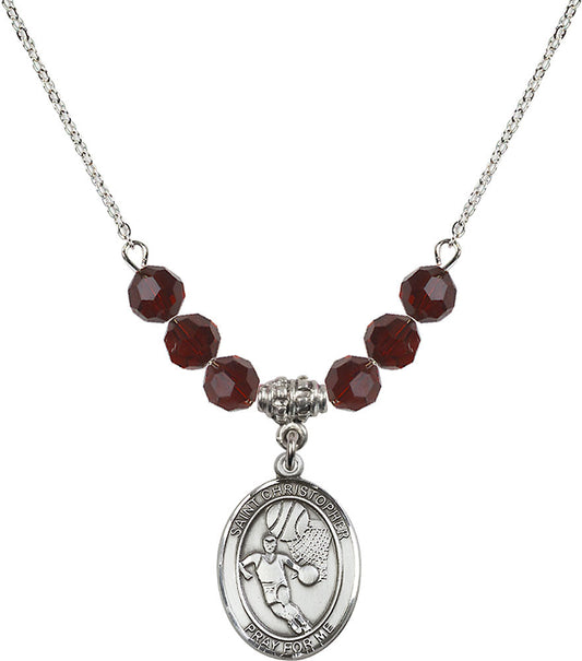 Sterling Silver Saint Christopher/Basketball Birthstone Necklace with Garnet Beads - 8502