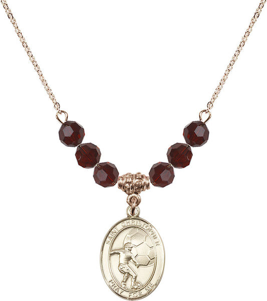 14kt Gold Filled Saint Christopher/Soccer Birthstone Necklace with Garnet Beads - 8503