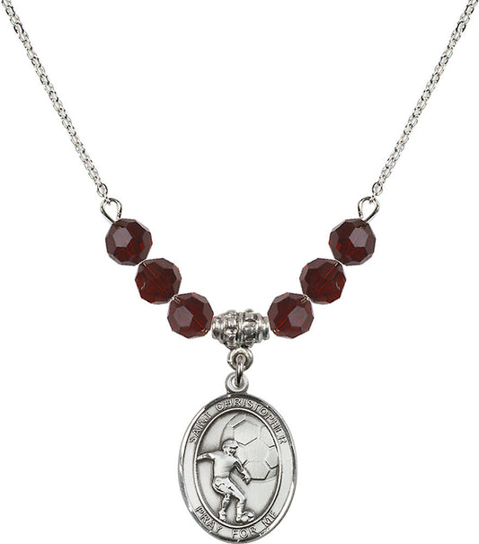 Sterling Silver Saint Christopher/Soccer Birthstone Necklace with Garnet Beads - 8503