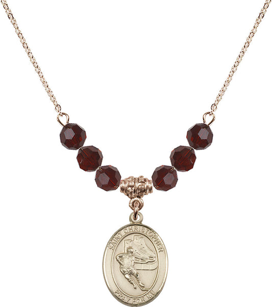14kt Gold Filled Saint Christopher/Hockey Birthstone Necklace with Garnet Beads - 8504
