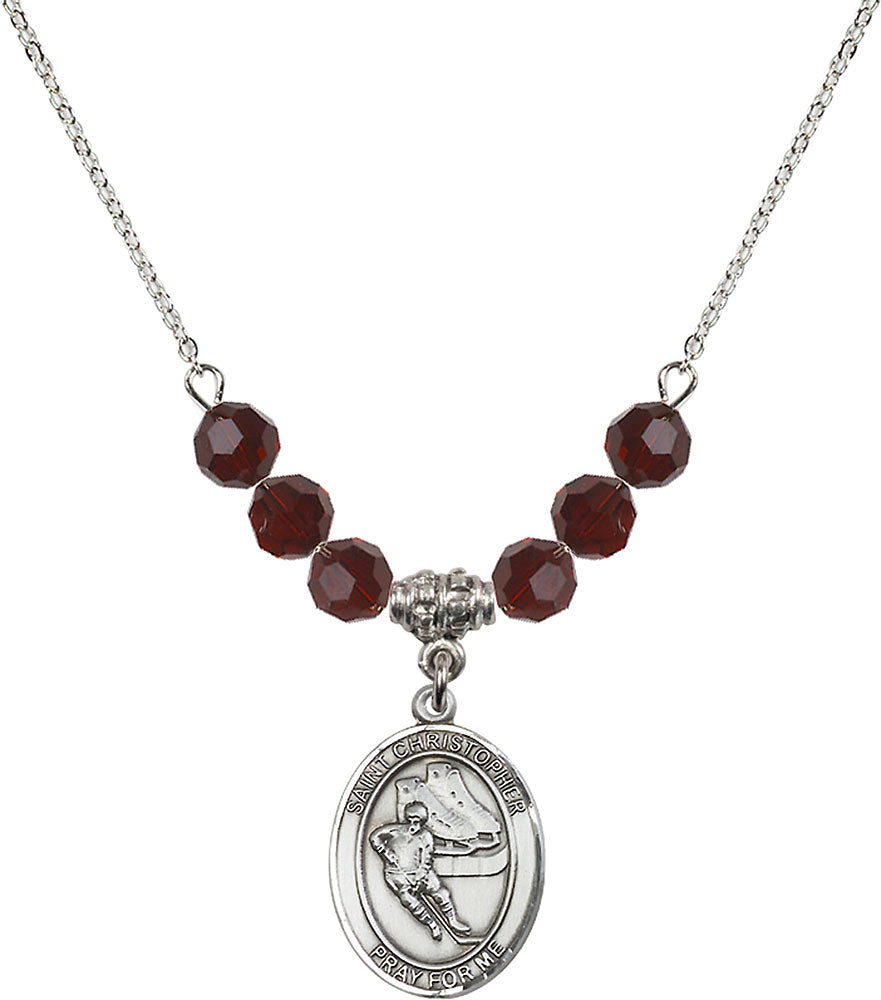 Sterling Silver Saint Christopher/Hockey Birthstone Necklace with Garnet Beads - 8504