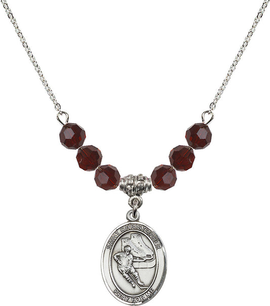 Sterling Silver Saint Christopher/Hockey Birthstone Necklace with Garnet Beads - 8504