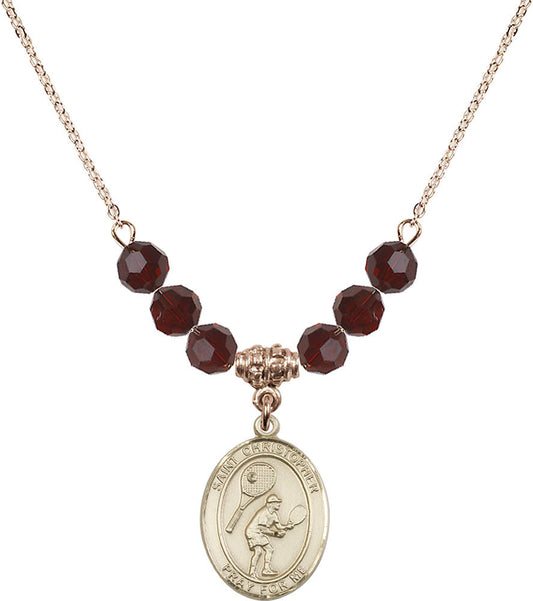 14kt Gold Filled Saint Christopher/Tennis Birthstone Necklace with Garnet Beads - 8505