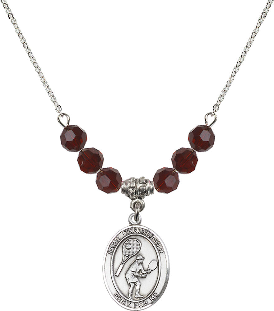Sterling Silver Saint Christopher/Tennis Birthstone Necklace with Garnet Beads - 8505