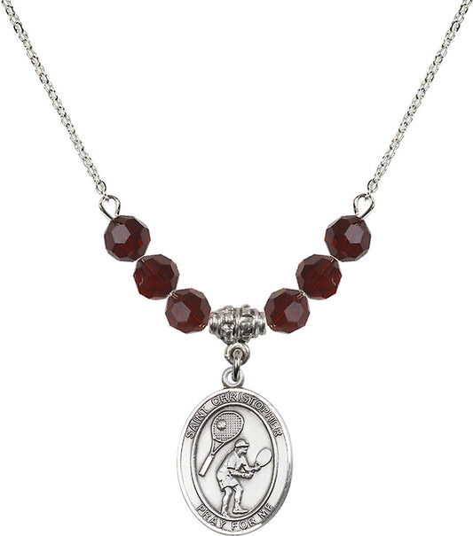 Sterling Silver Saint Christopher/Tennis Birthstone Necklace with Garnet Beads - 8505