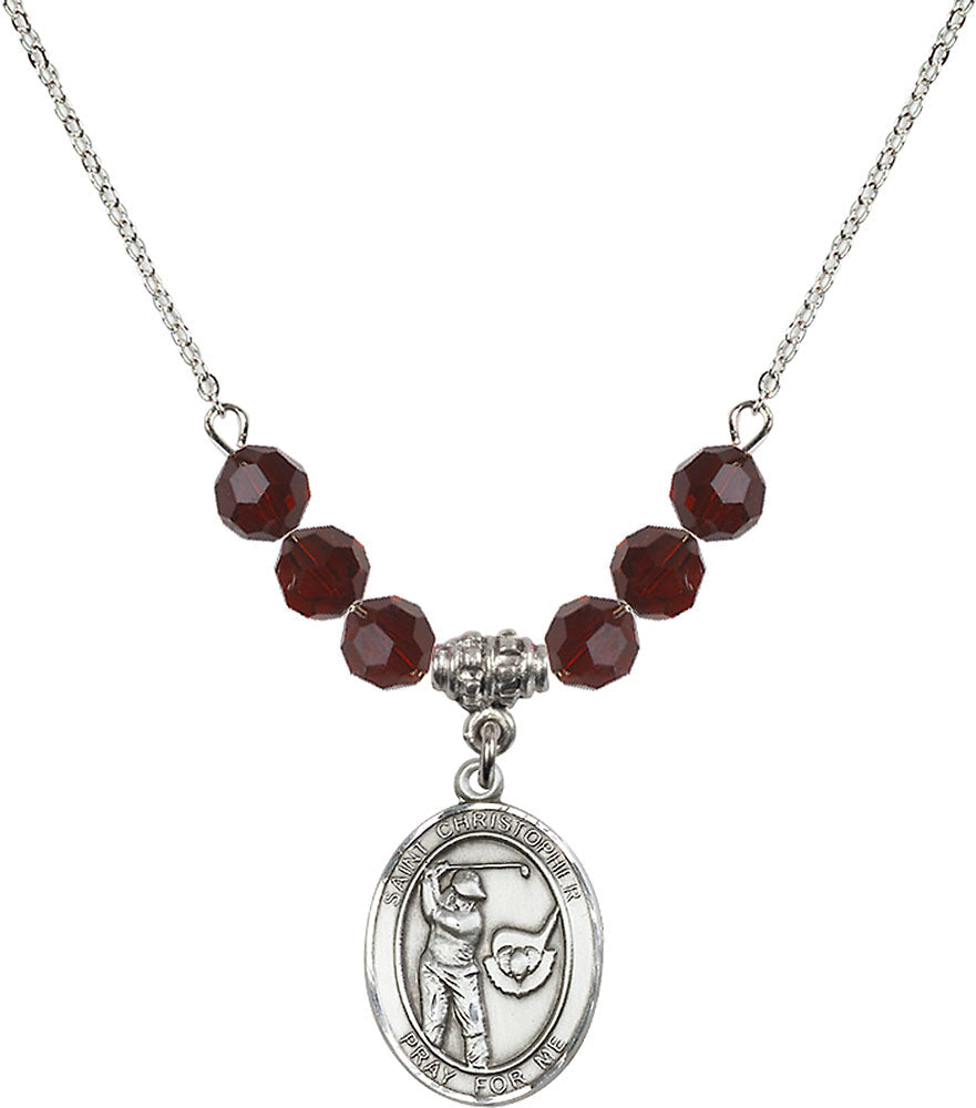 Sterling Silver Saint Christopher/Golf Birthstone Necklace with Garnet Beads - 8506