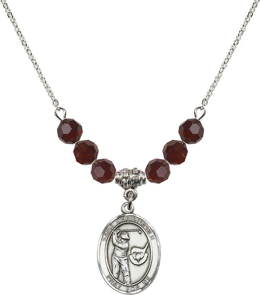 Sterling Silver Saint Christopher/Golf Birthstone Necklace with Garnet Beads - 8506