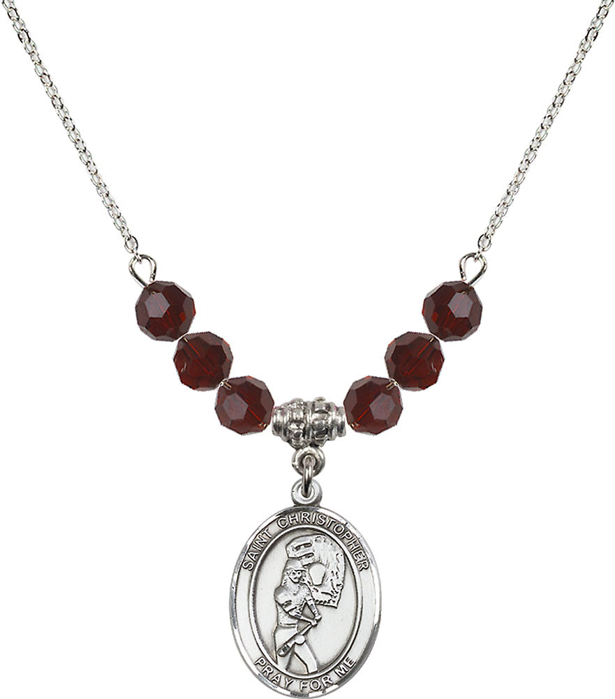 Sterling Silver Saint Christopher/Softball Birthstone Necklace with Garnet Beads - 8507
