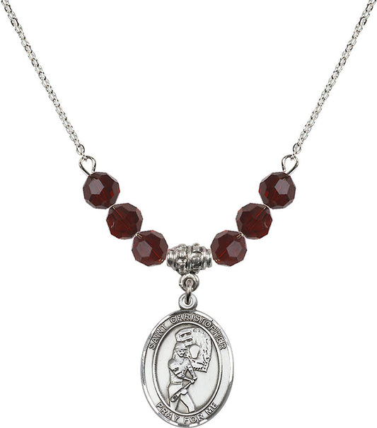 Sterling Silver Saint Christopher/Softball Birthstone Necklace with Garnet Beads - 8507