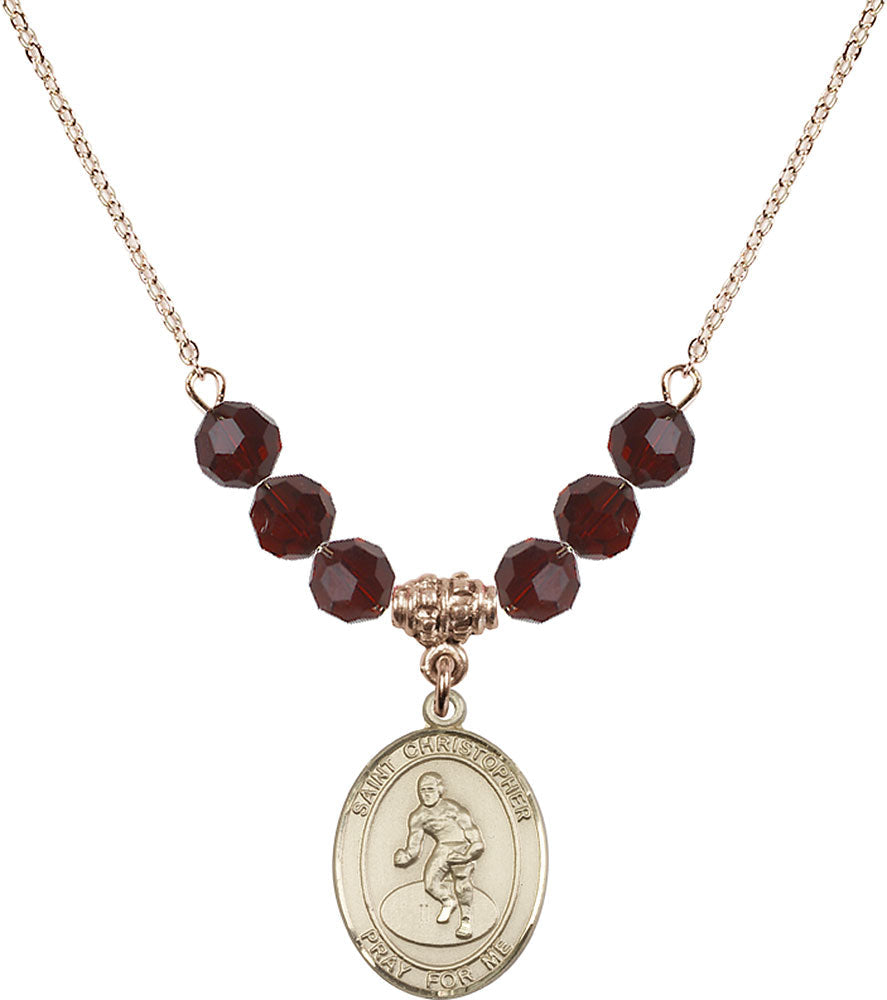 14kt Gold Filled Saint Christopher/Wrestling Birthstone Necklace with Garnet Beads - 8508