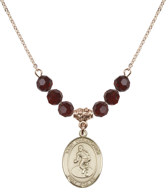 14kt Gold Filled Saint Christopher/Wrestling Birthstone Necklace with Garnet Beads - 8508