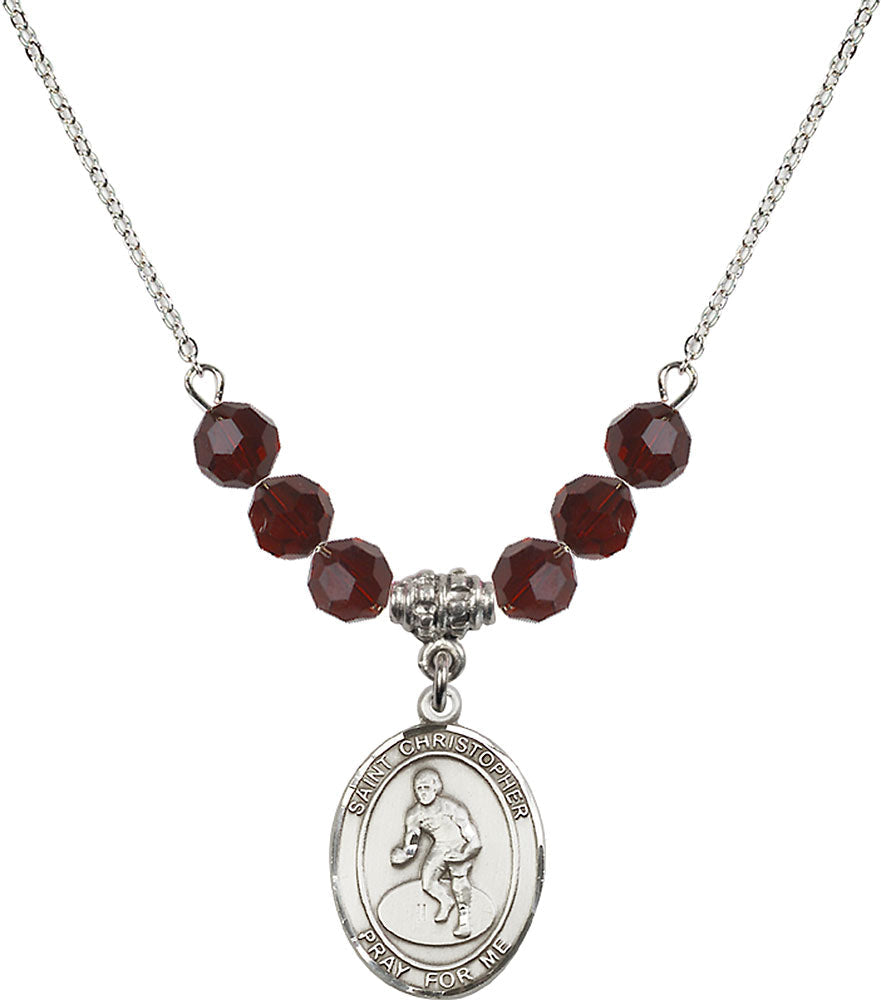 Sterling Silver Saint Christopher/Wrestling Birthstone Necklace with Garnet Beads - 8508