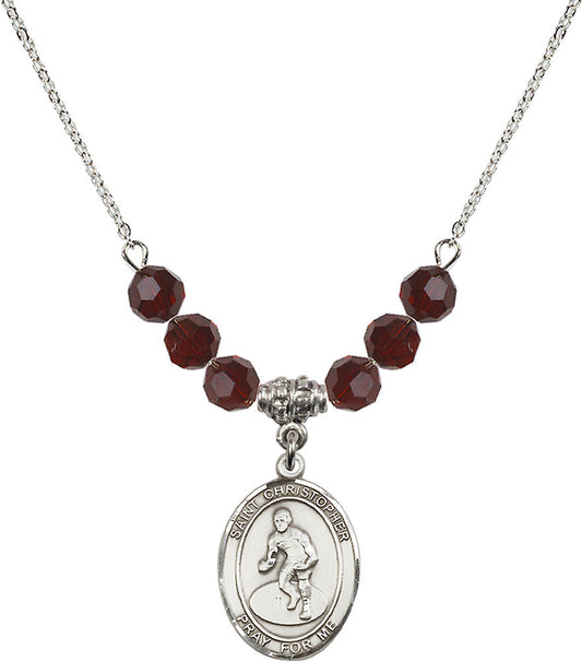 Sterling Silver Saint Christopher/Wrestling Birthstone Necklace with Garnet Beads - 8508