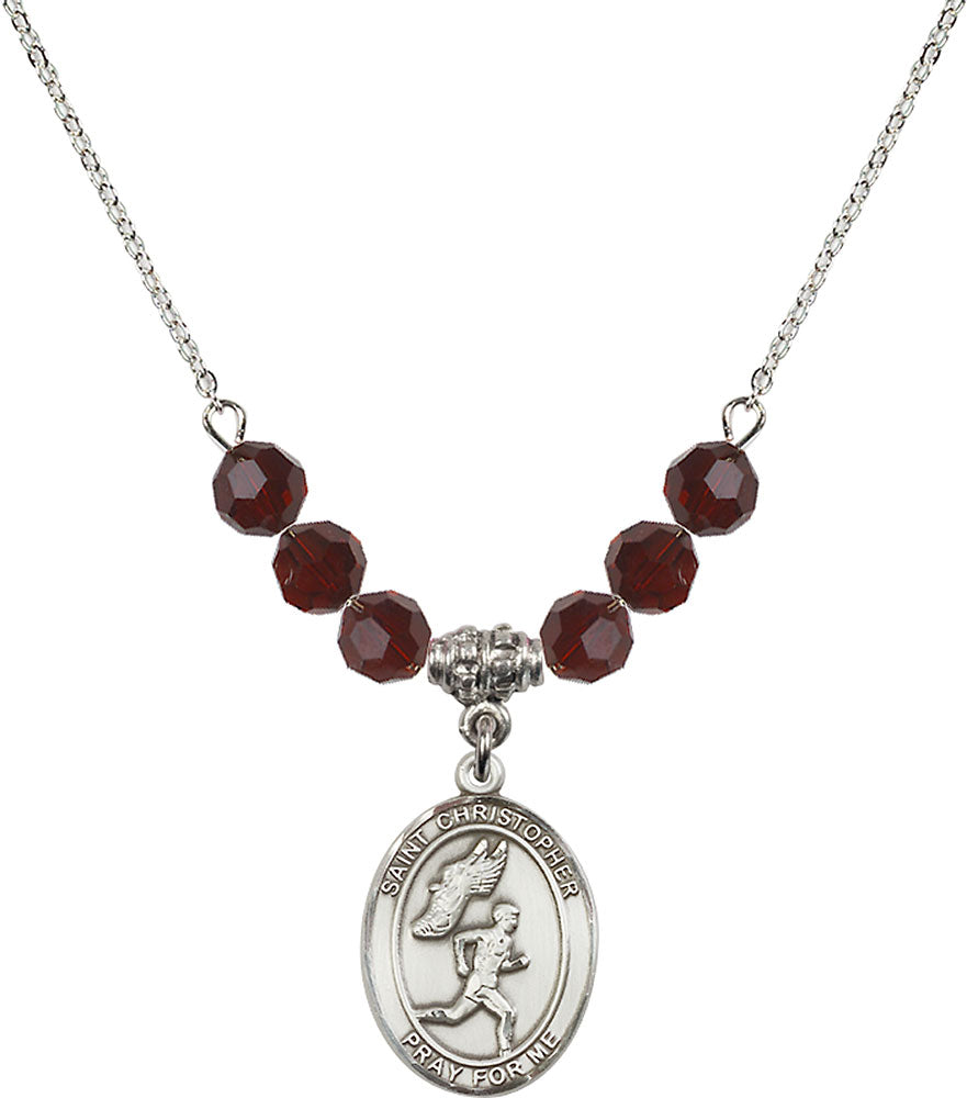 Sterling Silver Saint Christopher/Track&Field-Men Birthstone Necklace with Garnet Beads - 8509