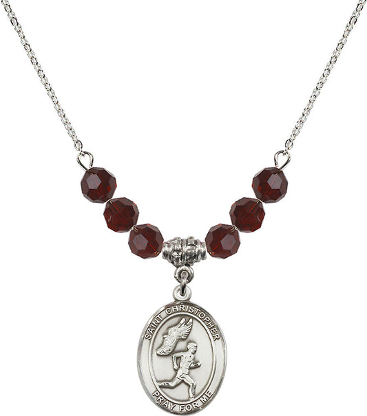 Sterling Silver Saint Christopher/Track&Field-Men Birthstone Necklace with Garnet Beads - 8509