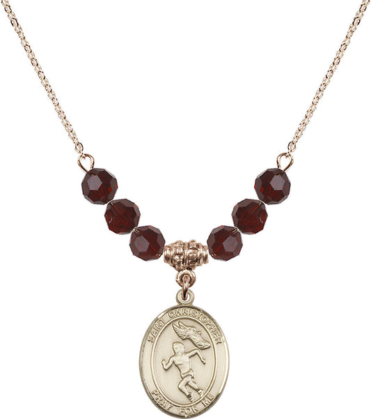 14kt Gold Filled Saint Christopher/Track&Field-Women Birthstone Necklace with Garnet Beads - 8510