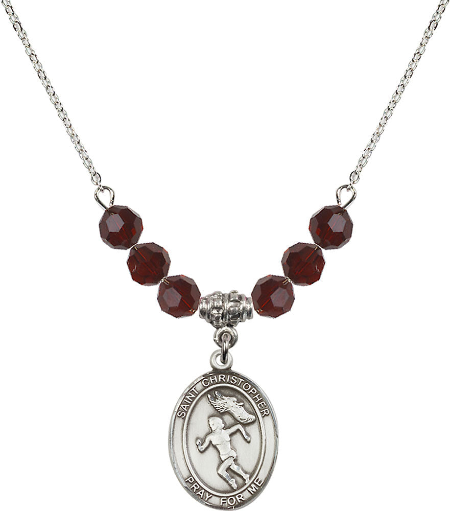 Sterling Silver Saint Christopher/Track&Field-Women Birthstone Necklace with Garnet Beads - 8510