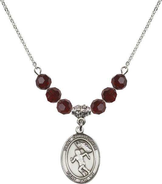 Sterling Silver Saint Christopher/Track&Field-Women Birthstone Necklace with Garnet Beads - 8510