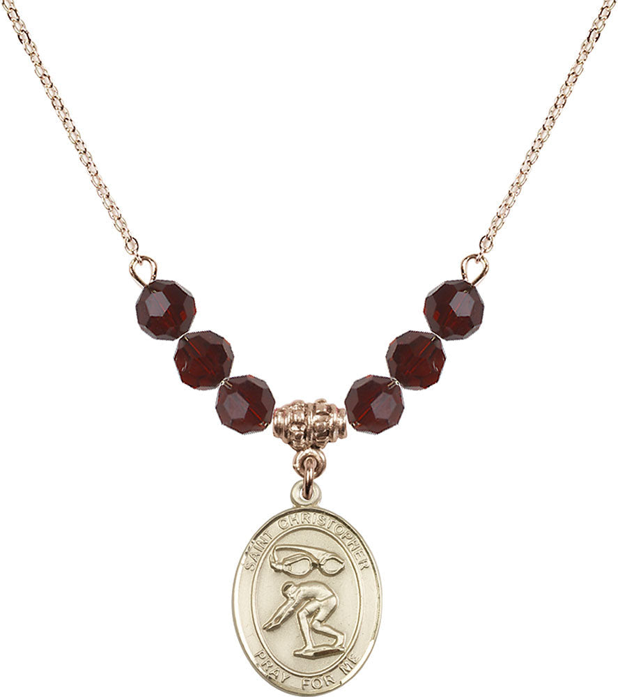 14kt Gold Filled Saint Christopher/Swimming Birthstone Necklace with Garnet Beads - 8511