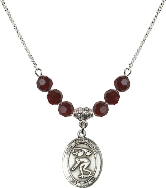 Sterling Silver Saint Christopher/Swimming Birthstone Necklace with Garnet Beads - 8511