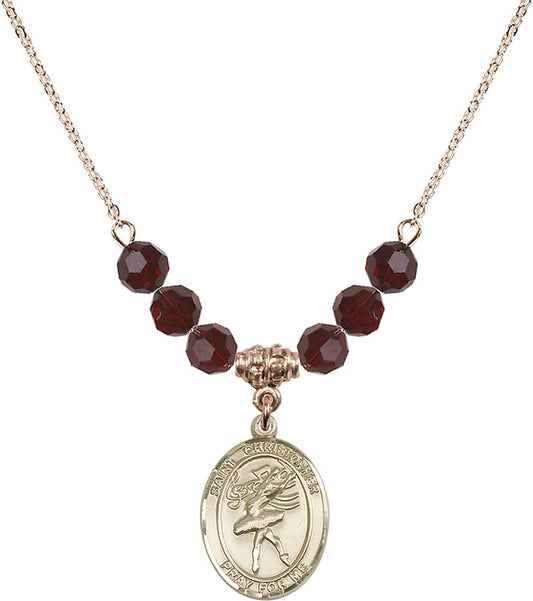 14kt Gold Filled Saint Christopher/Dance Birthstone Necklace with Garnet Beads - 8512