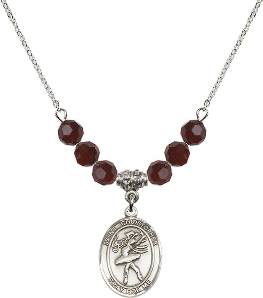 Sterling Silver Saint Christopher/Dance Birthstone Necklace with Garnet Beads - 8512