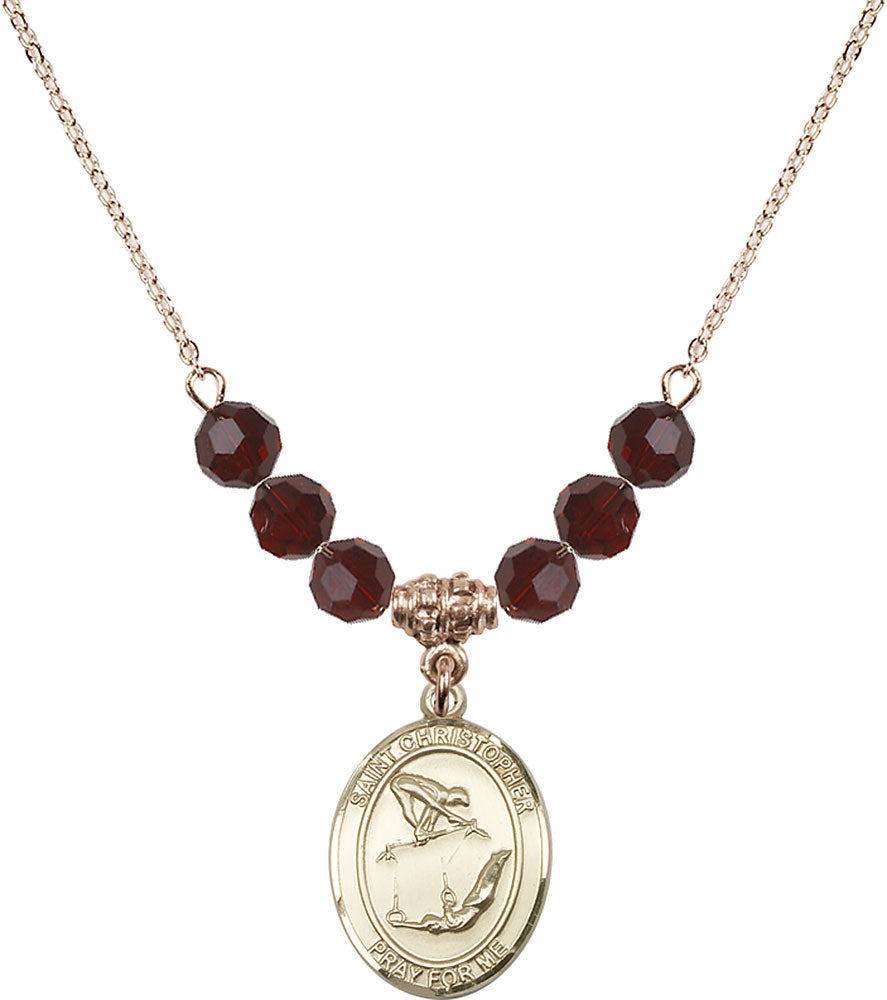 14kt Gold Filled Saint Christopher/Gymnastics Birthstone Necklace with Garnet Beads - 8513