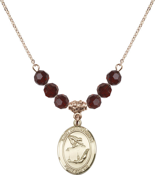 14kt Gold Filled Saint Christopher/Gymnastics Birthstone Necklace with Garnet Beads - 8513
