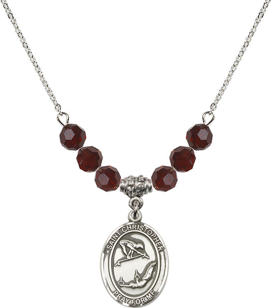 Sterling Silver Saint Christopher/Gymnastics Birthstone Necklace with Garnet Beads - 8513