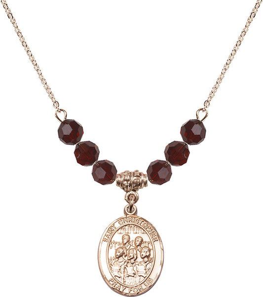 14kt Gold Filled Saint Christopher / Choir Birthstone Necklace with Garnet Beads - 8514