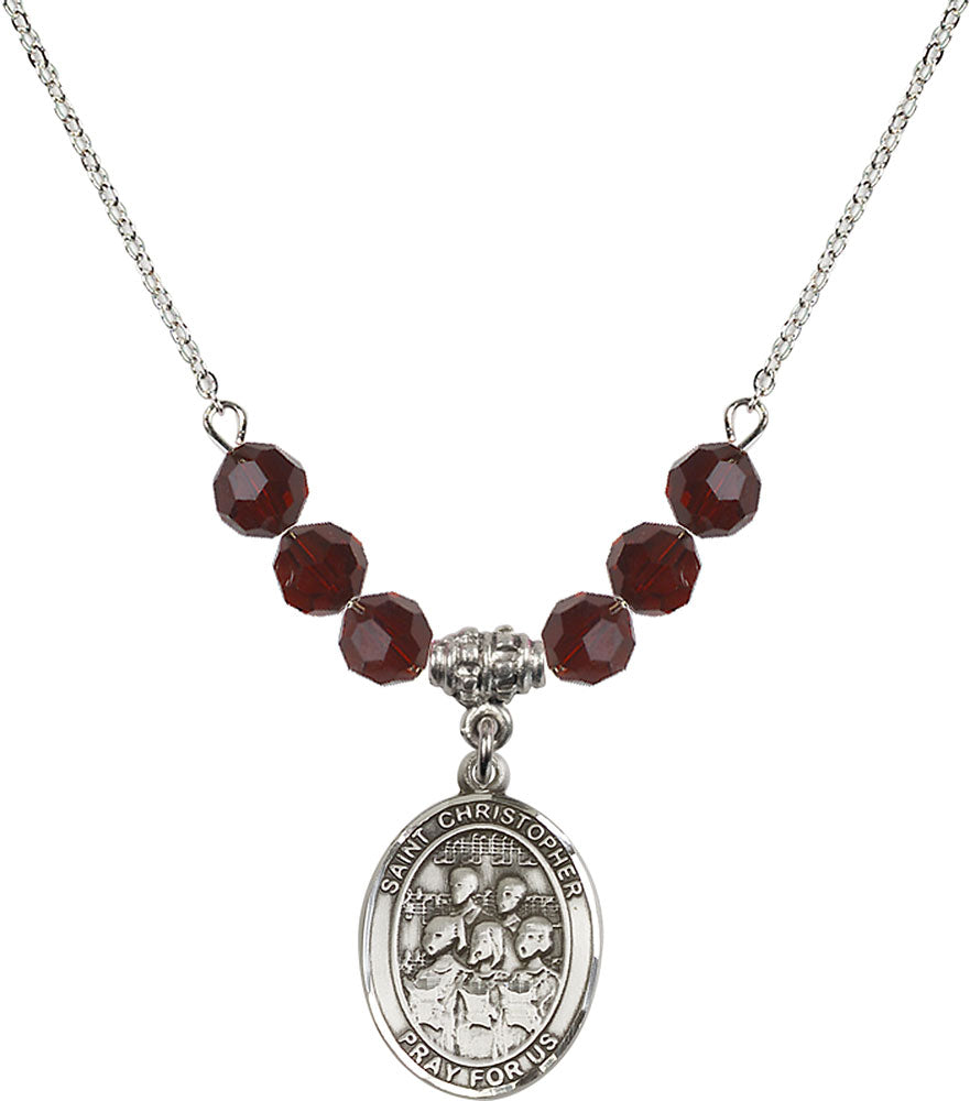 Sterling Silver Saint Christopher / Choir Birthstone Necklace with Garnet Beads - 8514