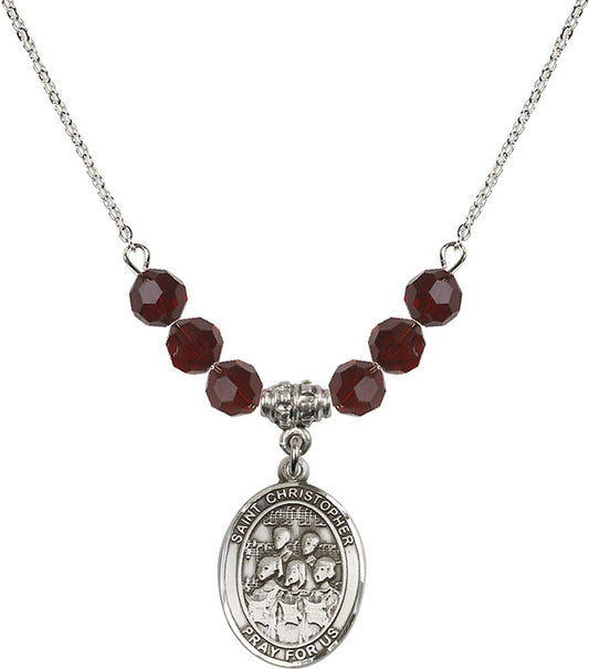 Sterling Silver Saint Christopher / Choir Birthstone Necklace with Garnet Beads - 8514