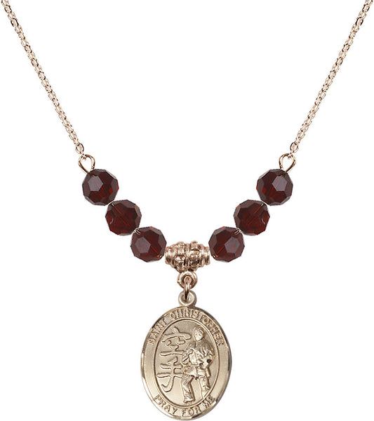 14kt Gold Filled Saint Christopher / Karate Birthstone Necklace with Garnet Beads - 8515