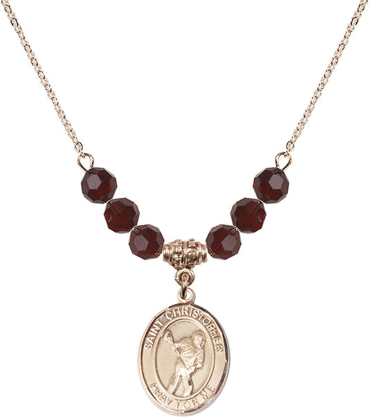 14kt Gold Filled Saint Christopher/Lacrosse Birthstone Necklace with Garnet Beads - 8516