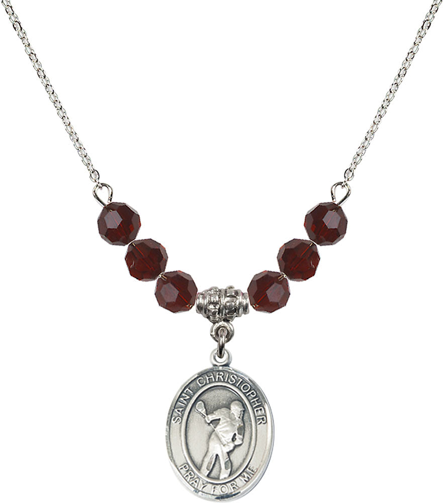 Sterling Silver Saint Christopher/Lacrosse Birthstone Necklace with Garnet Beads - 8516