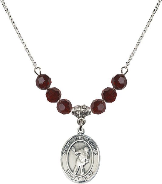 Sterling Silver Saint Christopher/Lacrosse Birthstone Necklace with Garnet Beads - 8516