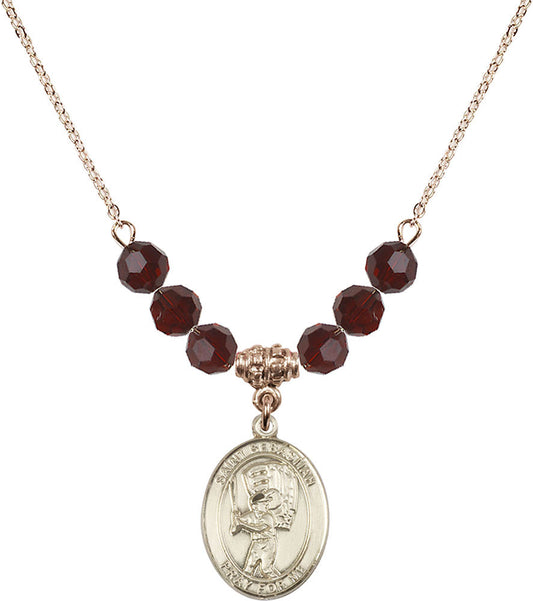14kt Gold Filled Saint Sebastian / Baseball Birthstone Necklace with Garnet Beads - 8600