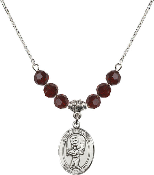 Sterling Silver Saint Sebastian / Baseball Birthstone Necklace with Garnet Beads - 8600