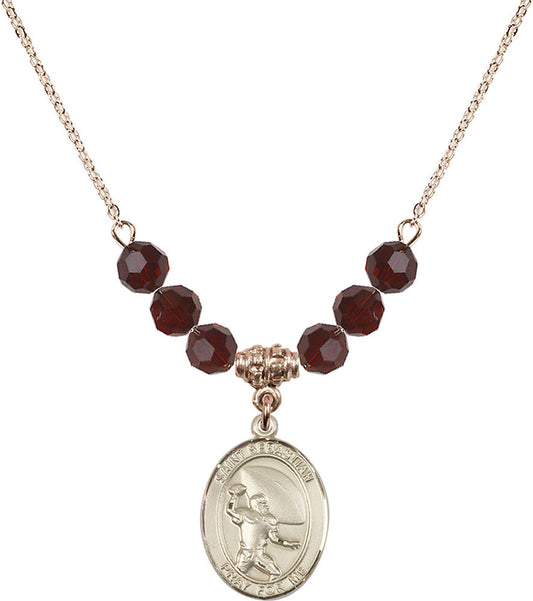 14kt Gold Filled Saint Sebastian / Football Birthstone Necklace with Garnet Beads - 8601