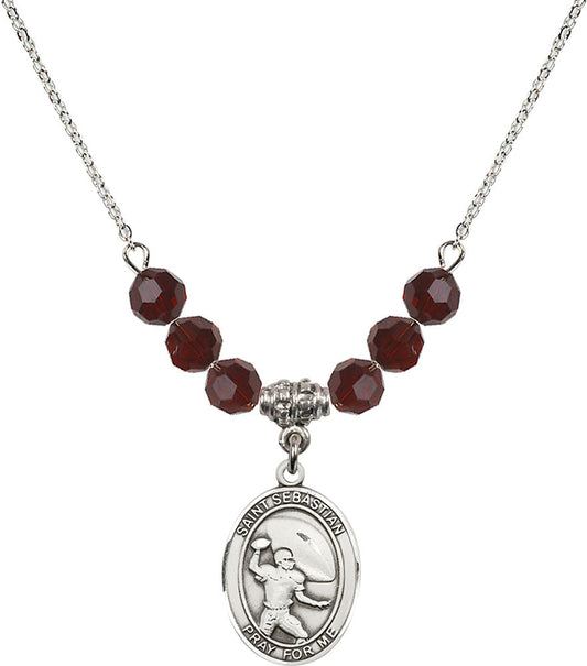 Sterling Silver Saint Sebastian / Football Birthstone Necklace with Garnet Beads - 8601