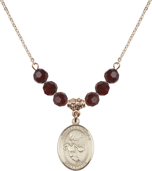 14kt Gold Filled Saint Sebastian/Basketball Birthstone Necklace with Garnet Beads - 8602