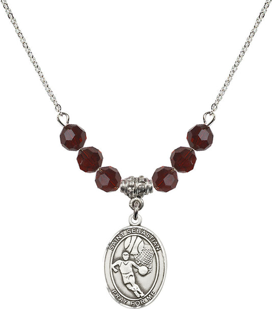 Sterling Silver Saint Sebastian/Basketball Birthstone Necklace with Garnet Beads - 8602