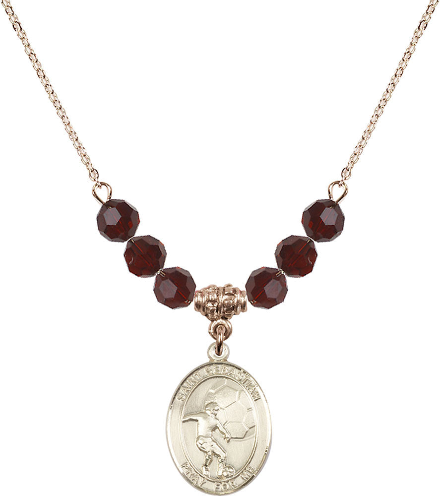 14kt Gold Filled Saint Sebastian / Soccer Birthstone Necklace with Garnet Beads - 8603