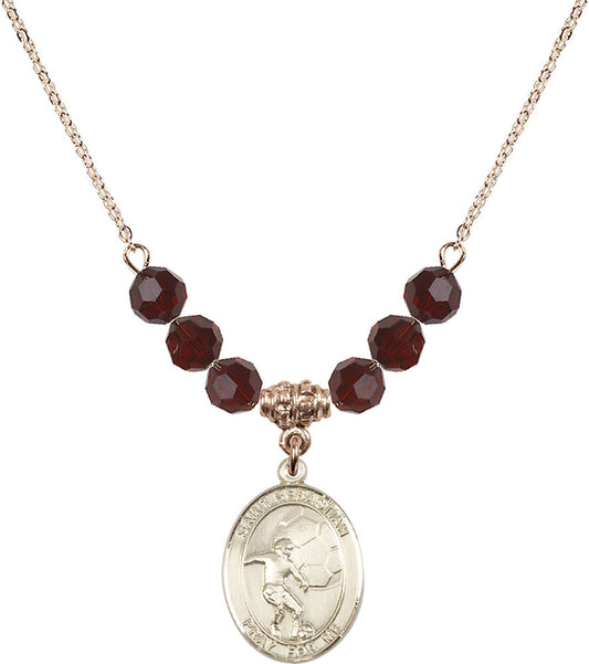 14kt Gold Filled Saint Sebastian / Soccer Birthstone Necklace with Garnet Beads - 8603