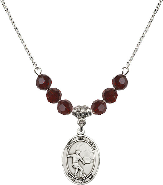 Sterling Silver Saint Sebastian / Soccer Birthstone Necklace with Garnet Beads - 8603
