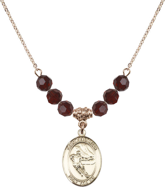 14kt Gold Filled Saint Sebastian / Hockey Birthstone Necklace with Garnet Beads - 8604