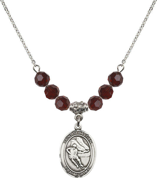 Sterling Silver Saint Sebastian / Hockey Birthstone Necklace with Garnet Beads - 8604